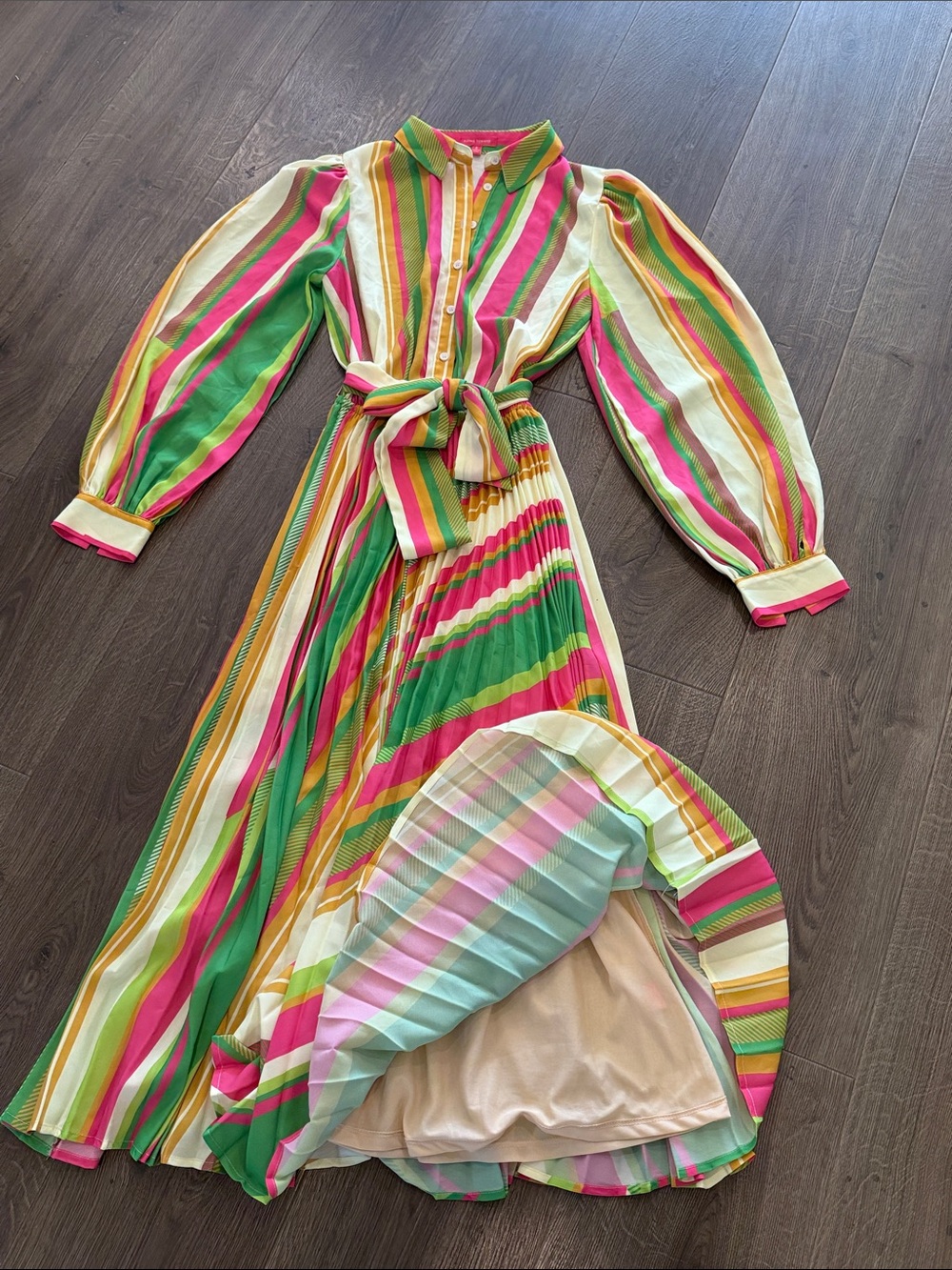 Flying Tomato Rainbow Stripe Pleated Maxi Dress Long Puff Sleeve Tie Waist Small - Picture 6 of 11